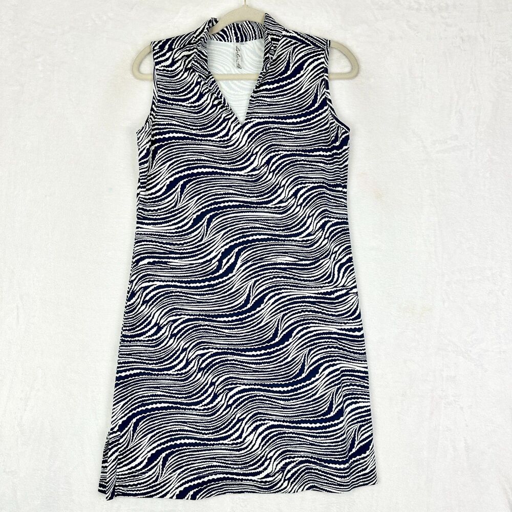 Lulu B Sleeveless Travel Dress Size Small V-Neck Upf 50+ Navy White Zebra Wave